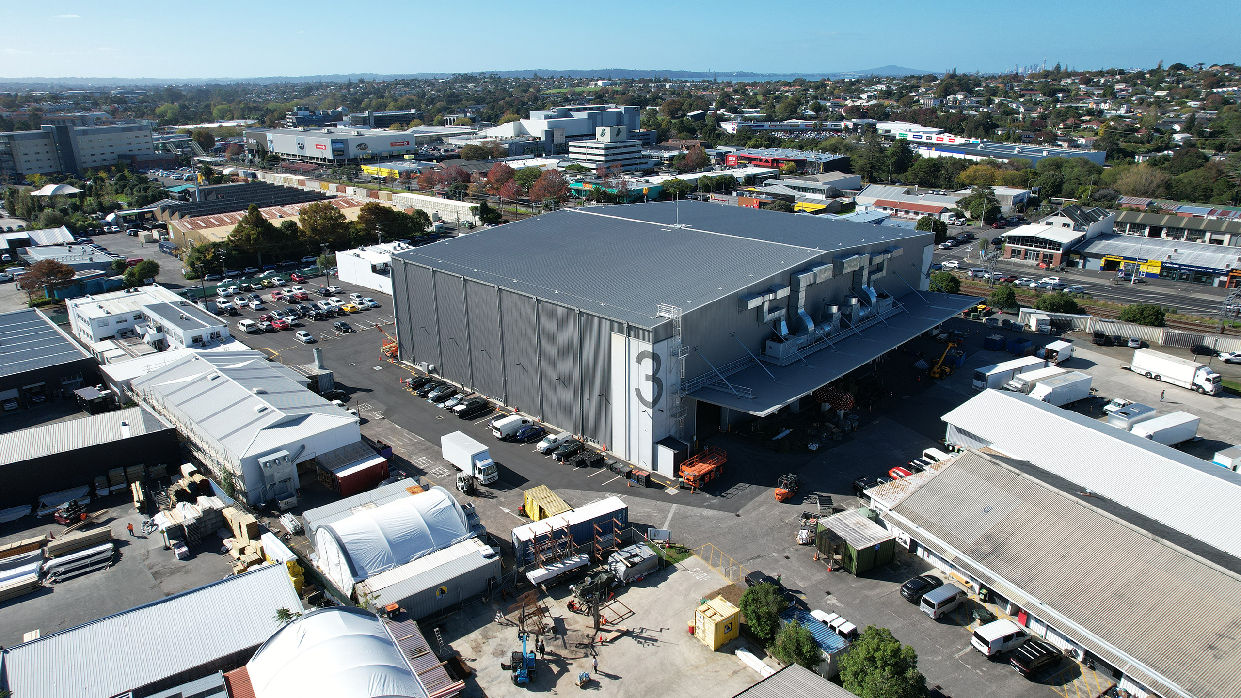 Aerial shot of Project Kelly in Auckland, two new world-class sound stages for Auckland Film Studioes